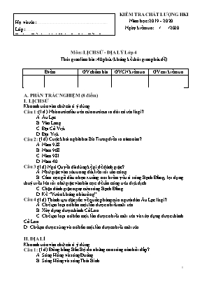 Đề kiểm tra chất lượng Học kì I môn Địa lí Lớp 4 - Năm học 2019-2020 - Trường Tiểu học Ngũ Hiệp (Có đáp án)